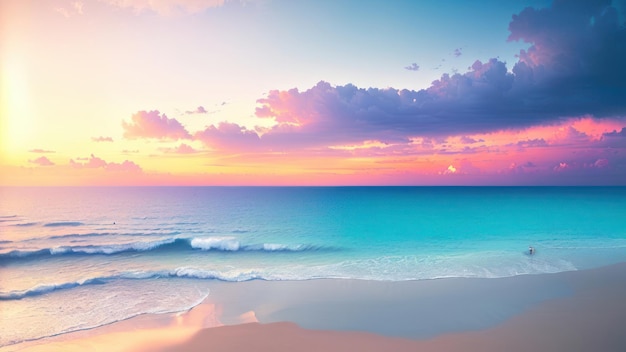 A beach with a sunset and the ocean in the background