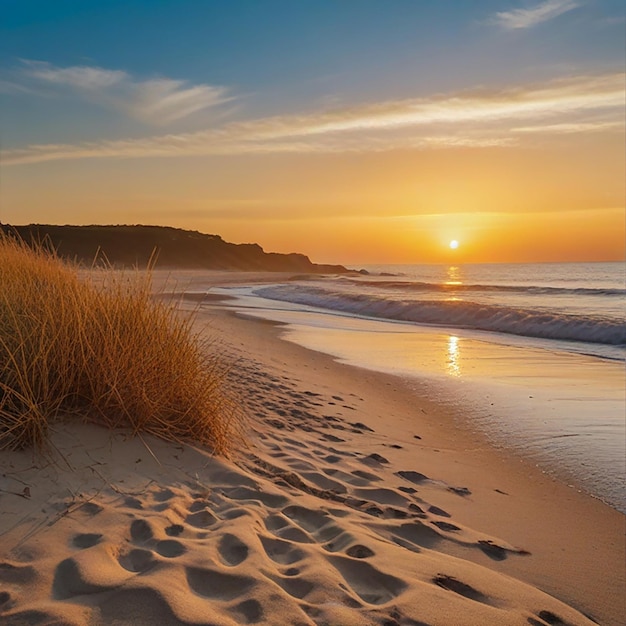 Photo a beach with a sunset and the ocean in the background