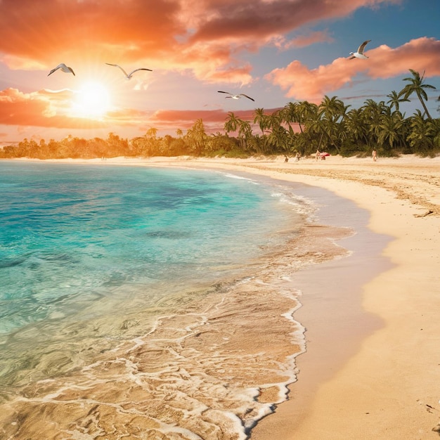 a beach with a sunset and palm trees in the background