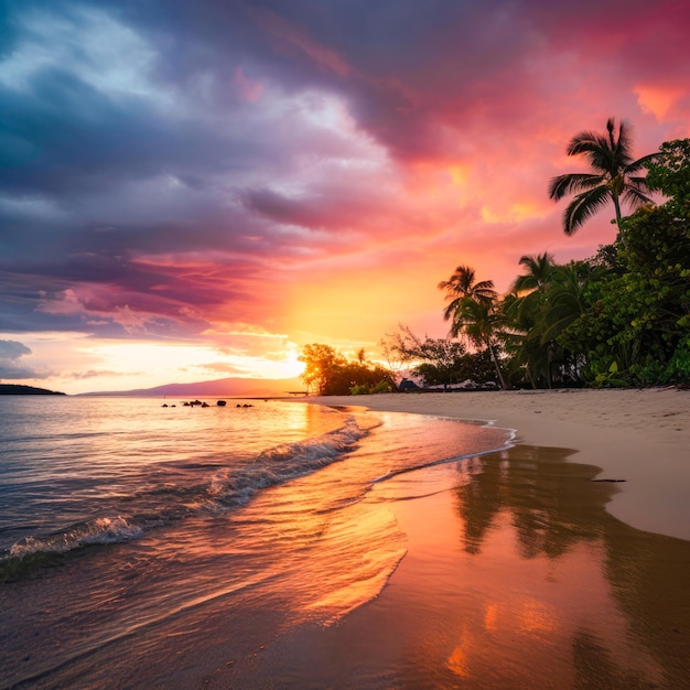 A beach with a sunset and palm trees on it