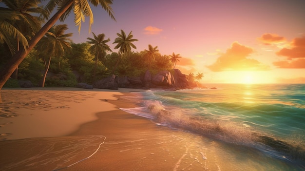 A beach with a sunset and palm trees