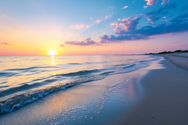 a beach with a sunset and the water is a beach scene