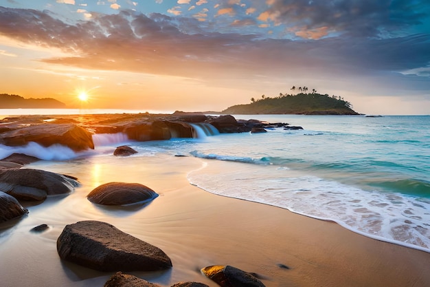 A beach with a sunset and waves