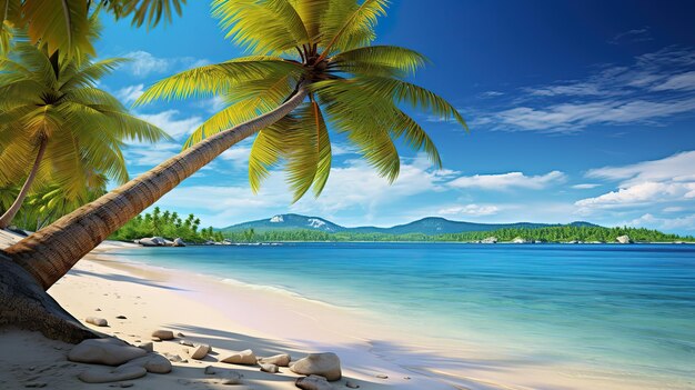 Beach with swaying palm trees and crystalclear blue waters Generative Ai