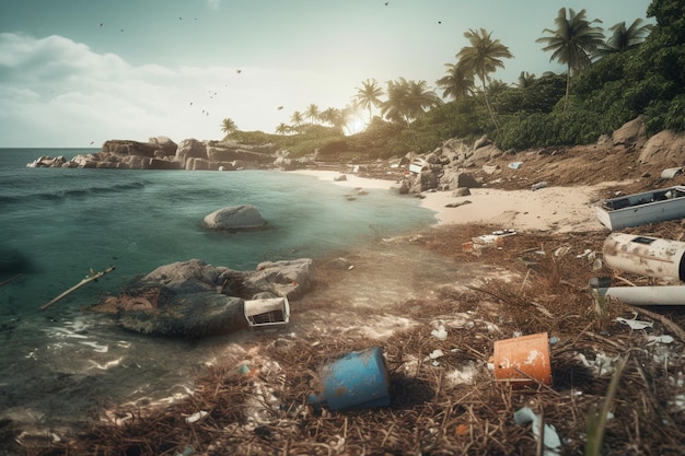 A beach with trash and a blue barrel with the word trash on it.