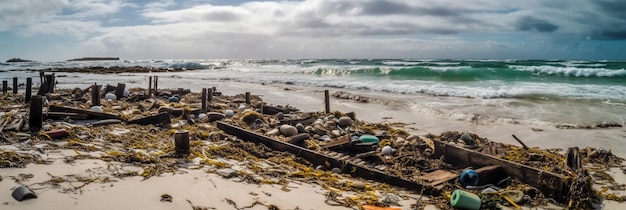 A beach with trash and trash on it