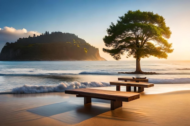 A beach with a tree and benches on it