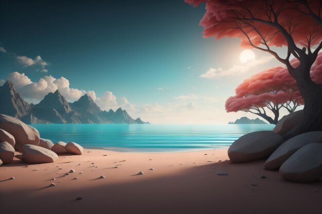 A beach with a tree and mountains in the beautiful background with generative ai