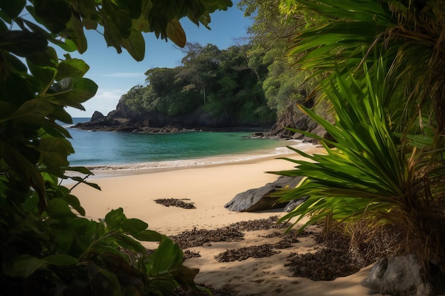 A beach with a tropical forest in the background