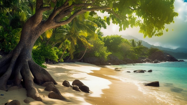 A beach with a tropical scene