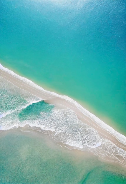 Beach with turquoise sea water. Top view of beautiful white sand.