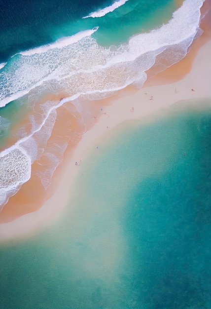 Beach with turquoise sea water. Top view of beautiful white sand.