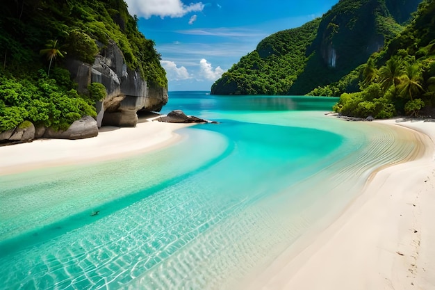 A beach with a turquoise water and a blue sky