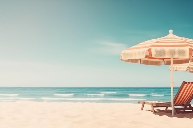 A beach with an umbrella and a beach chair on it