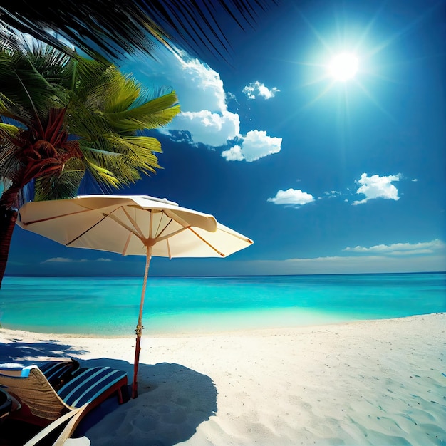 A beach with an umbrella and chairs on the sand