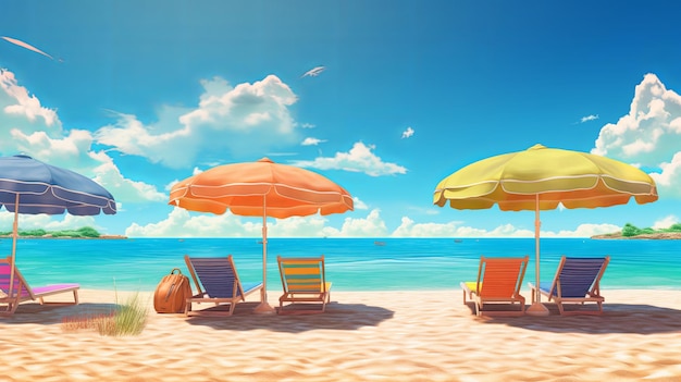 Beach with an umbrella and sun loungers