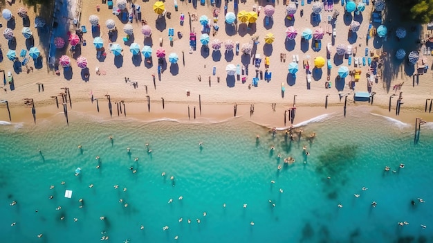 A beach with umbrellas and people on it Generative AI Art