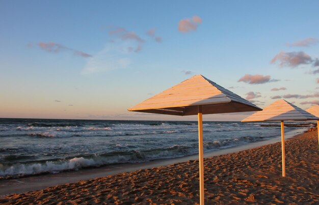 beach with umbrellas at sunset in sunny reflexes