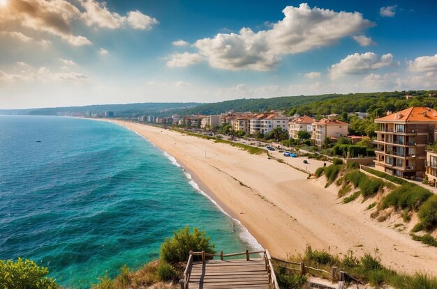 Photo a beach with a view of the ocean and houses on the horizon