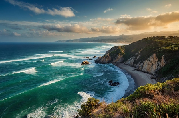 a beach with a view of the ocean and a mountain in the background