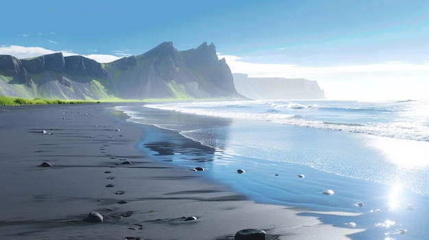 a beach with a view of the ocean and mountains in the background