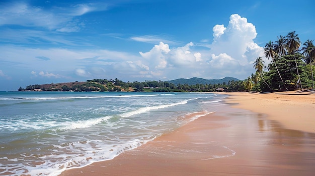 a beach with a view of the ocean and mountains in the background