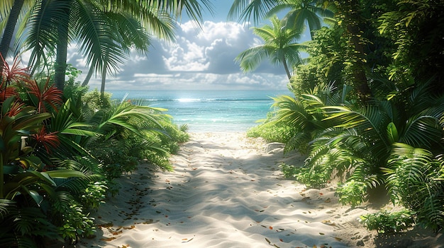 a beach with a view of the ocean and palm trees