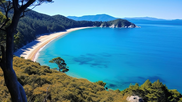 a beach with a view of the sea and mountains in the distance