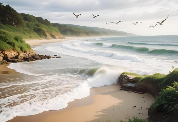 a beach with a wave breaking on the shore