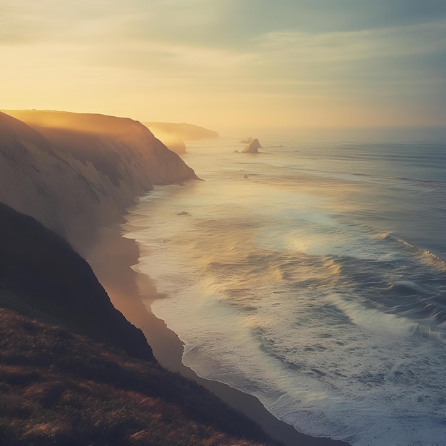 Photo a beach with a wave breaking on the side of it