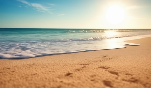 a beach with a wave in the water and a sun in the background