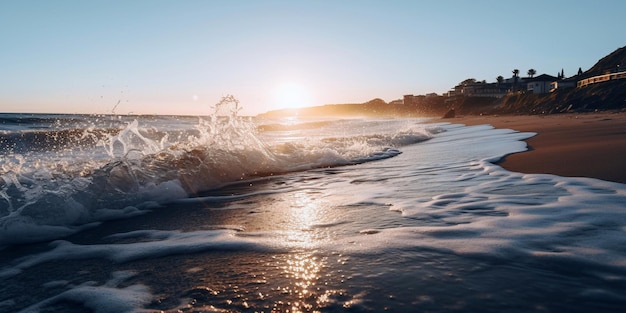 A beach with waves crashing on the shore