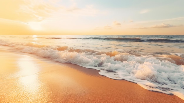 A beach with waves and the sun setting