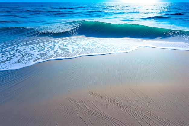 a beach with waves and the sun shining on the sand