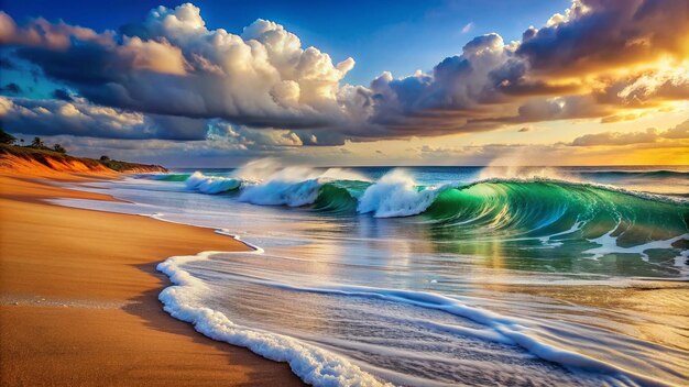 a beach with waves and the sun shining on the water