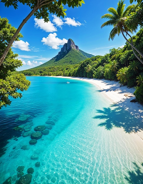 a beach with a white sand beach and a mountain in the background