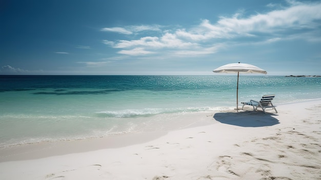 A beach with a white umbrella and a blue umbrella on it