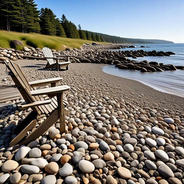 Photo a beach with a wooden chair and a beach chair