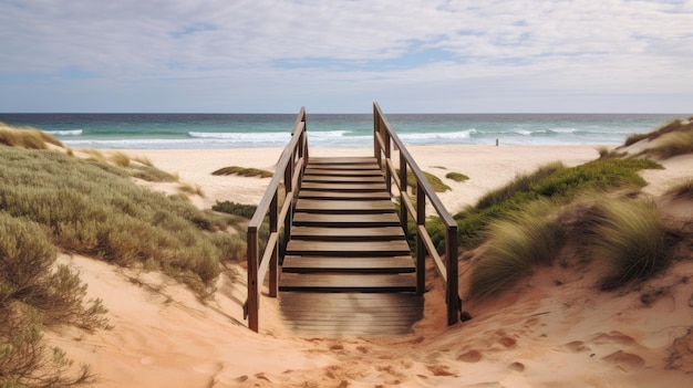 Photo a beach with a wooden staircase leading up to it