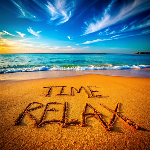 a beach with the words time to relax written in the sand