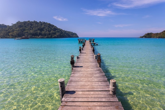 Beach wooden pier turquoise sea koh kood island  Thailand