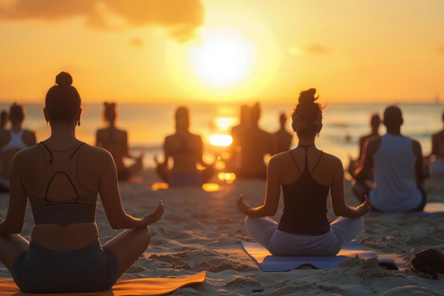 a beach yoga session at sunrise with diverse participants