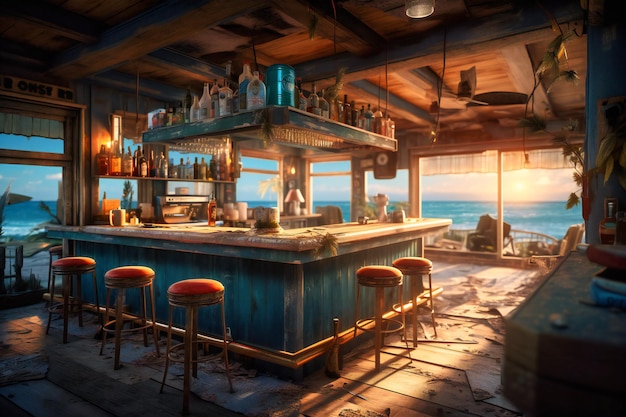 A beachfront bar with tropical drinks and sunset views