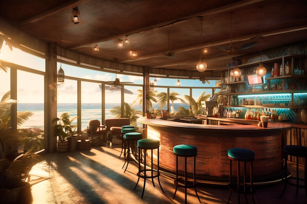 A beachfront bar with tropical drinks and sunset views