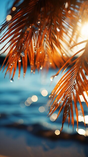 Photo beachside allure blurred palm bokeh background enhance sandy scene embodying summer escape vertica