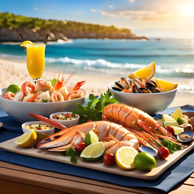 Beachside Culinary Indulgence OceanFresh Seafood Medley on a Waterfront Table