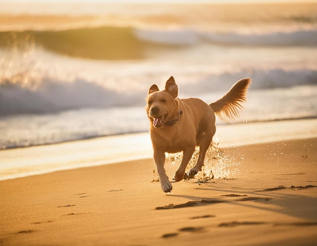 Beachside Joy A Happy Dog Running and Playing with Waves Crashing in the Background