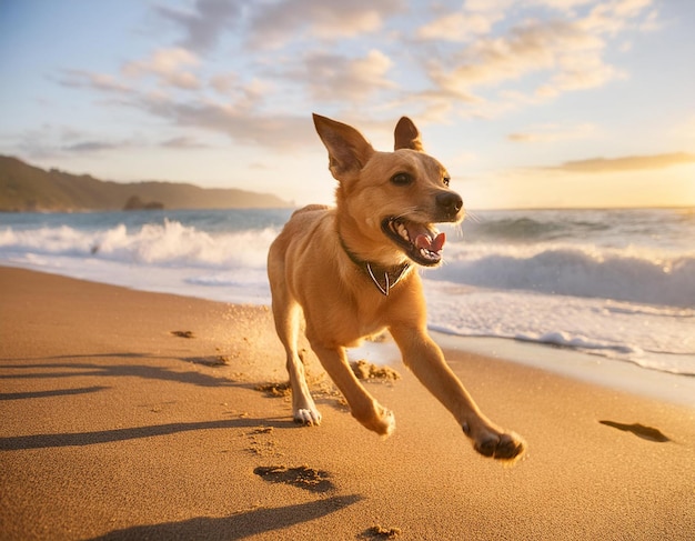 Beachside Joy A Happy Dog Running and Playing with Waves Crashing in the Background