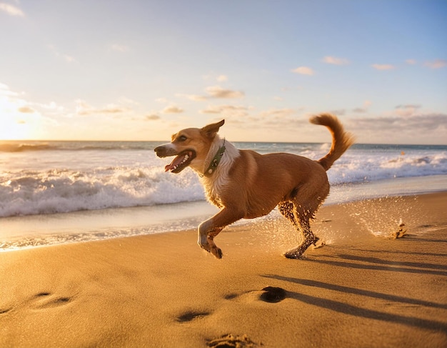 Beachside Joy A Happy Dog Running and Playing with Waves Crashing in the Background