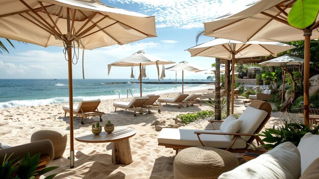 Photo beachside lounge featuring comfortable seating and parasols